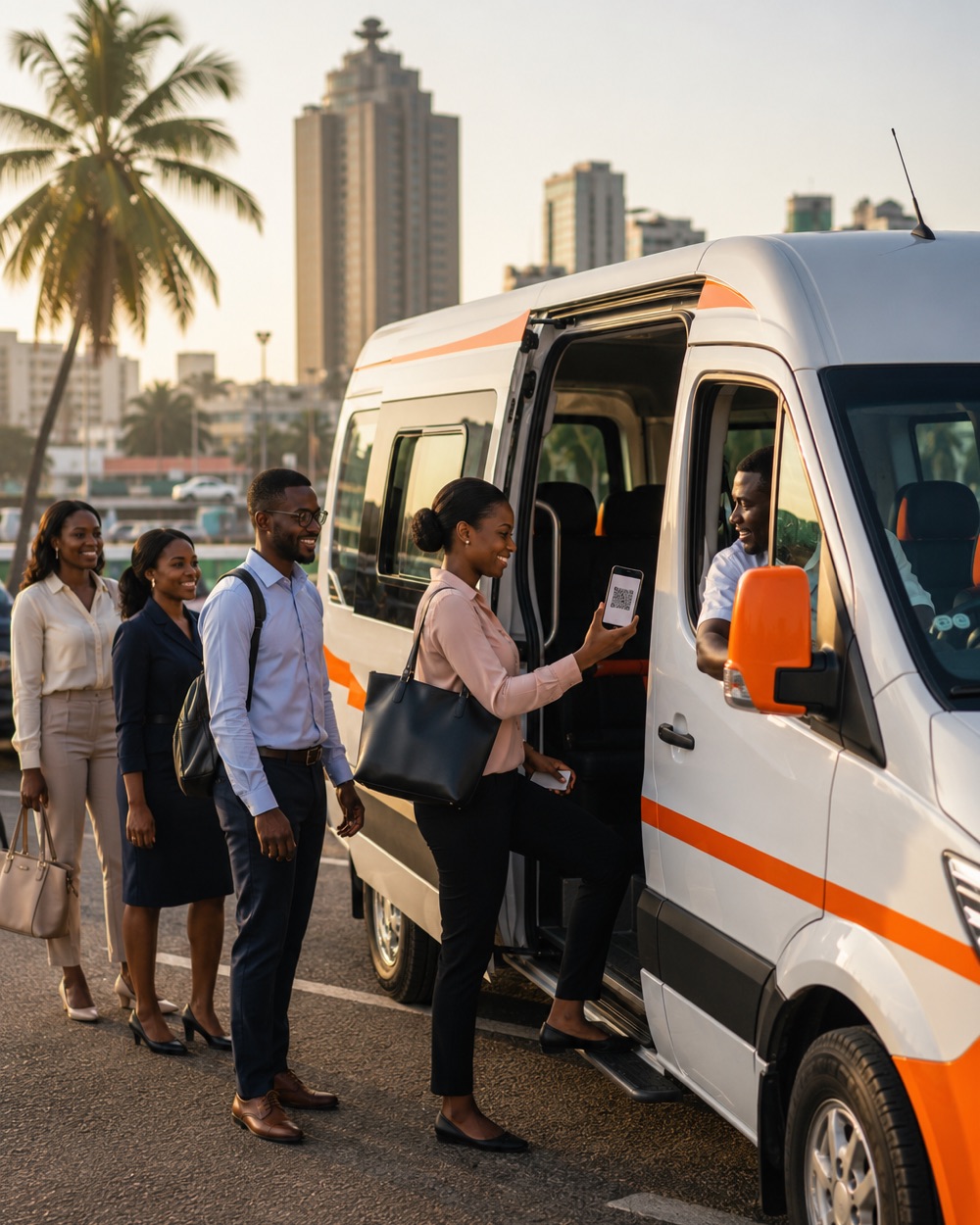 Une passagère présente son ticket QR au conducteur d'une navette Trajet12, à l'embarquement, devant les tours du Plateau à Abidjan.